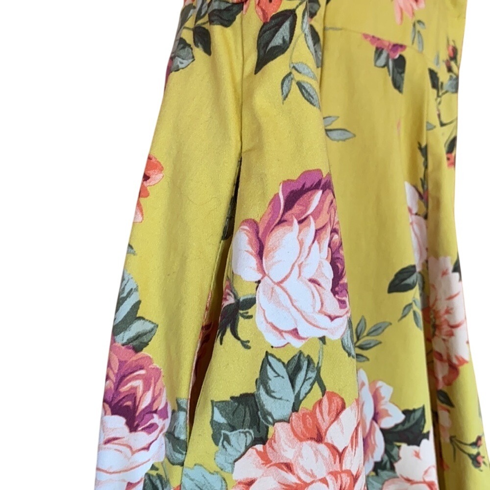 Yellow Floral Sleeveless Fit Flare Midi Dress Belted Summer Garden‎ Party Medium - Picture 6 of 7